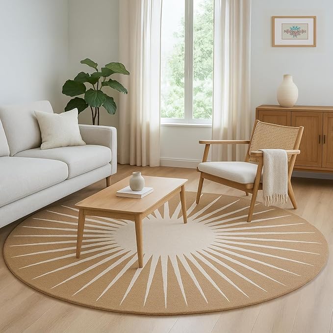 Modern Round Area Rug – Hand-Tufted with 100% NZ Wool, Thick & Soft Circular Carpet for Living Room, Bedroom & Dining Room Decor (Warm Natural, 10' Round)