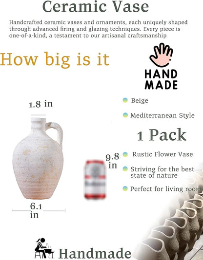 UPWOIGH Ceramic Flower Vase, 9.8 inch Tall Off-White Farmhouse Rustic Vase, Handcrafted Weathered Handle Pottery Vases, Large Flower Terracotta Vases for Home Decor, Living Room, Table, Shelf