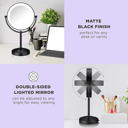 Conair Lighted Makeup Mirror, Double-Sided LED Vanity Mirror with 1X/10X Magnification, 3 Light Settings, 3 Modes, 360° Rotation, Matte Black Finish