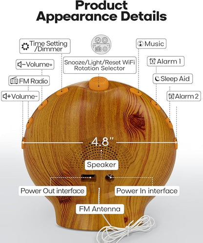 Dekala Sunrise Alarm Clock Wood Grain, FM Radio, Wake up Light Sunlight Sunset Lamp, 7 Nature Sounds, Dual Alarms, Colorful Ambient Lamp, Bedrooms Decor, Snooze for Heavy Sleepers, Kids & Adults