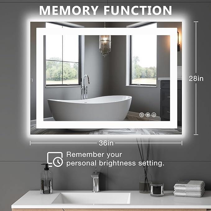 Sweetcrispy 28.1"x36.1" Smart Anti-Fog LED Bathroom Mirror with Front Light & Backlit, 3 Color Temperatures, Dimmable, Memory Function, Rectangle Modern Vanity Mirror