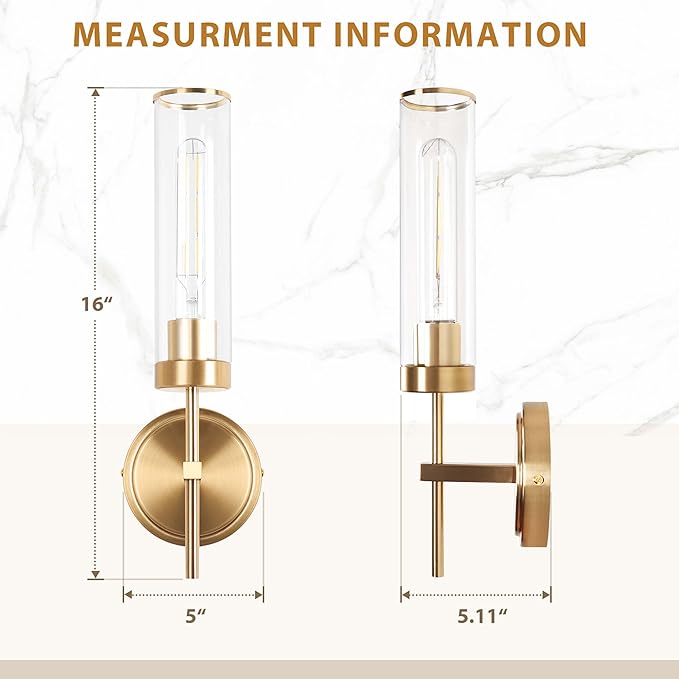 Wall Sconces Set of Two,Modern Bathroom Sconces Wall Lighting 16" 60W Brushed Gold Sconces Wall with Clear Glass Shade for Living Room Corridor Mirror Bedroom Stairs