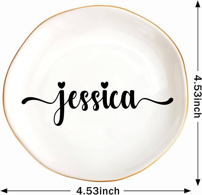 JoycuFF Jessica Personalized Name Ceramic Jewelry Tray, Mothers Day Christmas Anniversary Engagement Birthday Gifts for Women Couples, Trinket Dish for Rings Earrings Necklaces Bracelets Keys