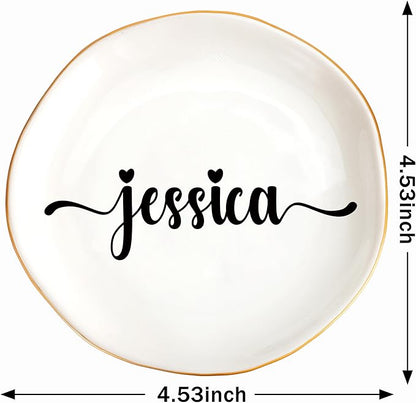 JoycuFF Jessica Personalized Name Ceramic Jewelry Tray, Mothers Day Christmas Anniversary Engagement Birthday Gifts for Women Couples, Trinket Dish for Rings Earrings Necklaces Bracelets Keys