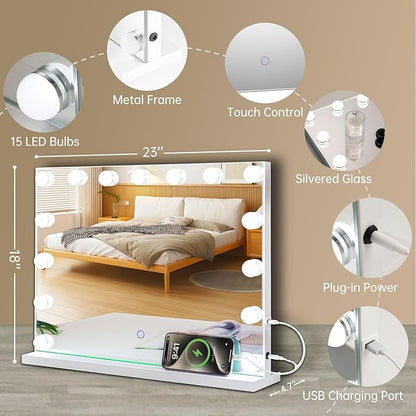 Hollywood Vanity Mirror with Lights, 23"x18" Lighted Makeup Mirror with 10x Magnification for Desk/Wall Mount, 15 Led Bulbs, 3 Lighting Modes for College Dorm, Bedroom, Dressing Room (White)