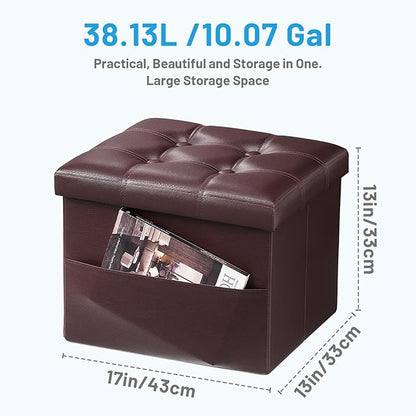 Storage Ottoman Foot Rest Stool, Small Leather Storage Ottomans Bench, Folding Footstool with Side Pockets, Foot Rest Under Desk for Living Room Bedroom, 17x13x13 in, Brown