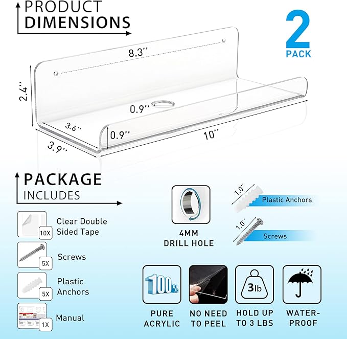 OAPRIRE 2-Pack Clear Acrylic Floating Wall Shelves, 10" Minimalist Book & Decor Shelf Set for Bedroom, Bathroom, Kitchen