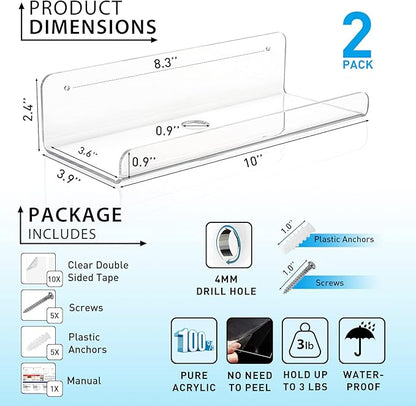OAPRIRE 2-Pack Clear Acrylic Floating Wall Shelves, 10" Minimalist Book & Decor Shelf Set for Bedroom, Bathroom, Kitchen