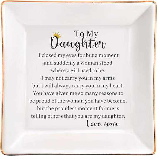 SUNBMO Gifts for Daughter Ring Trinket Dish from Mother, Daughter Adult Gift for Graduation, Birthday, Christmas, Wedding, Valentine's Day, To My Daughter Ceramic Jewelry Trinket Dish