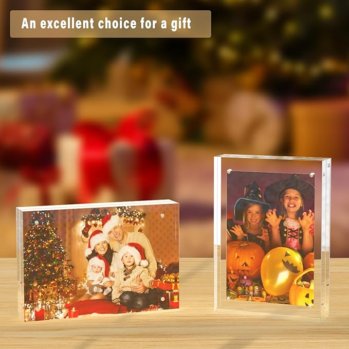 HELPLEX 3 Pack 3.5x5 Acrylic Picture Frames, 20mm Thicker Frameless Clear Frame Double Sided Magnetic Frame, Free Standing Desktop Display Stand Acrylic Frames