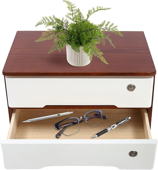 2-Tier Desktop Storage Box with Lockable Drawer, Wooden Desk Organizer for Office Supplies, Flat File Cabinet, Minimalist Design for Home & Office Use(Walnut+White)