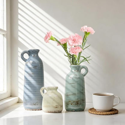 Ceramic Vase Set of 3, Vase with Handle, Modern Farmhouse Vases for Pampas Grass & Dried Flowers, Flower Vase for Table Living Room Home Decor-Multicolor