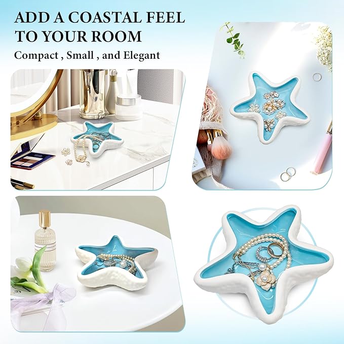 Starfish Jewelry Dish Ceramic Trinket Tray - Ocean Themed Ring Holder for Earrings, Necklaces, Beach & Bathroom Organizer with Glossy Glaze, Coastal Room Decor Gift for Women