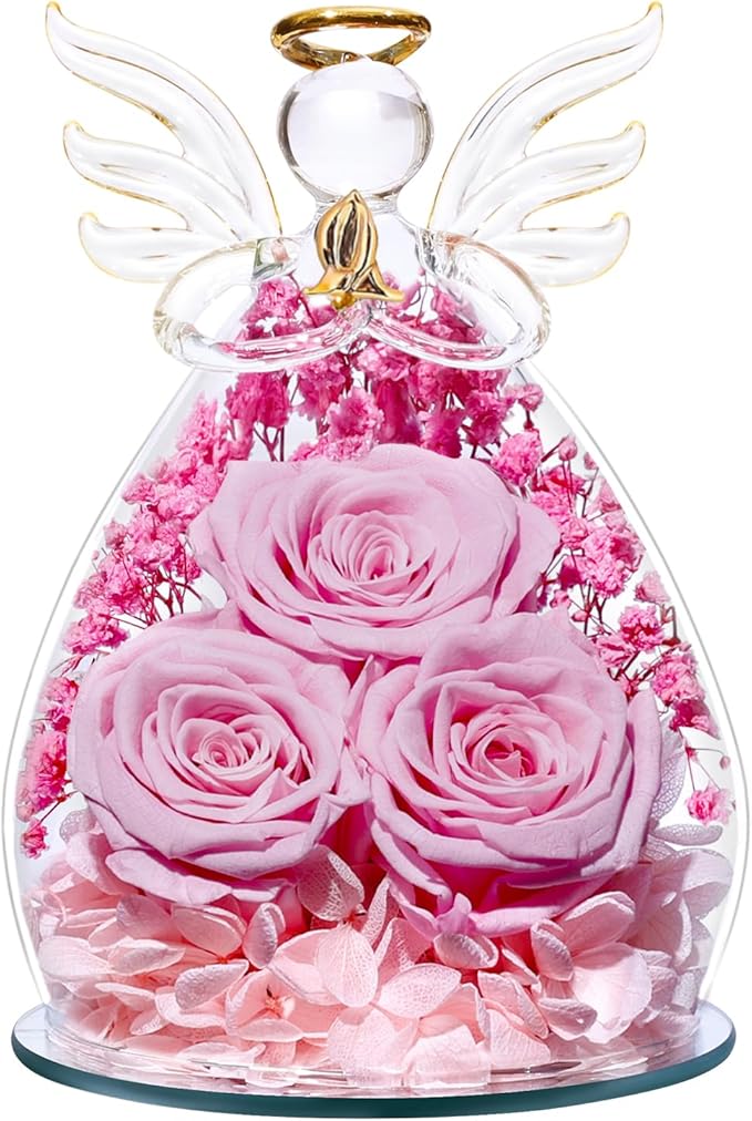 Beferr Valentines Day Rose Gifts for Her Women Mom Gifts for Birthday, Fresh Flowers for Delivery Forever Preserved Rose in Glass Angel Figurine, for Grandma Wife Kids Daughter