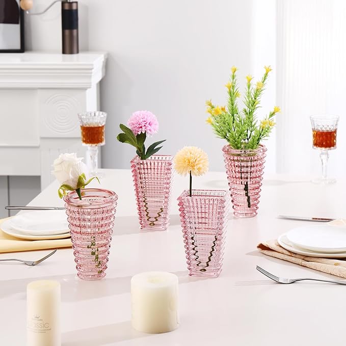 MCMCNCUIU Crystal Flower Vase Set of 4, Glass Vases for Centerpieces, Pink Vases for Flowers, Small Vase for Living Room, Bedroom, Kitchen, Office, Wedding