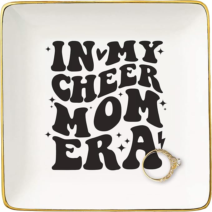 NZY Mother’s Day Birthday Christmas Gifts for Mom-Cheerleading Mother Present,Cheer Squad Mama Gift,Mum Life,Stage Mum Present,Ceramic Jewelry Tray Trinket Holder Ring Dish,In My Cheer Mom Era