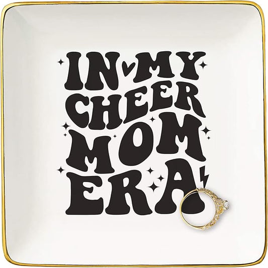 NZY Mother’s Day Birthday Christmas Gifts for Mom-Cheerleading Mother Present,Cheer Squad Mama Gift,Mum Life,Stage Mum Present,Ceramic Jewelry Tray Trinket Holder Ring Dish,In My Cheer Mom Era