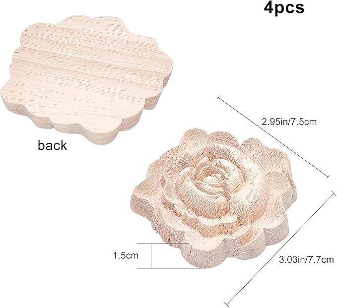GORGECRAFT 4PCS Wooden Carved Onlay Appliques Rose Wood Carving Decal Molding Corner Craft Unpainted Furniture Applique Frame Flower Valentines Day Home Decoration for Dresser Bed Door Cabinet 3"x3"