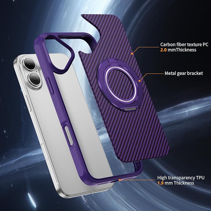 Mag-Stand Carbon Fiber Case for iPhone 17, 360° Rotate Magnetic Stand, Compatible with MagSafe, 15FT Military Protection, Slim Shockproof Magnetic Kickstand Mag Phone Case for Men Women Purple