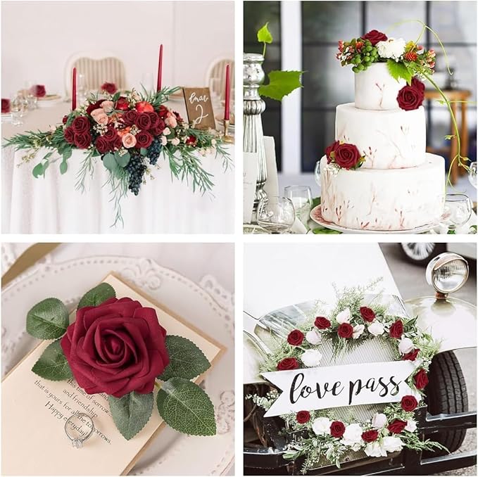 N&T NIETING Artificial Flowers, 25Pcs Fake Flowers Foam Roses with Stems Perfect DIY Wedding Bouquets Centerpieces Bridal Shower Party Valentine's Day Home Flower Arrangement Decorations, Dark Red