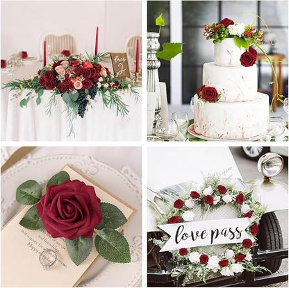 N&T NIETING Artificial Flowers, 25Pcs Fake Flowers Foam Roses with Stems Perfect DIY Wedding Bouquets Centerpieces Bridal Shower Party Valentine's Day Home Flower Arrangement Decorations, Dark Red