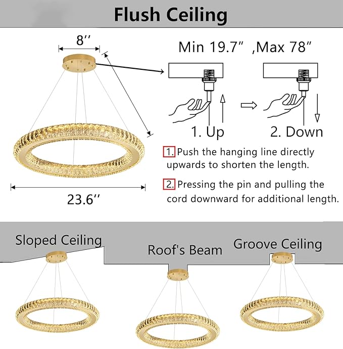LED Chandelier Modern Dimmable Dining Room Chanderliers Entryway Crystal Ring Pendant Lights for Kitchen Bedroom Living Room Gold Light