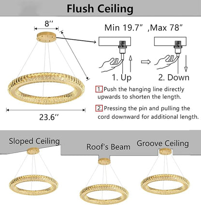LED Chandelier Modern Dimmable Dining Room Chanderliers Entryway Crystal Ring Pendant Lights for Kitchen Bedroom Living Room Gold Light