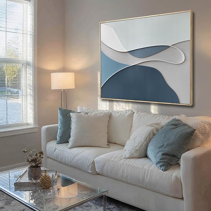 LEVERUP Blue Painting Artwork Canvas Abstract Wall Art Posters for Room Aesthetic Grey Wall Decor for Living Room Bedroom Hotel 36×36 Inch Easy To Hang