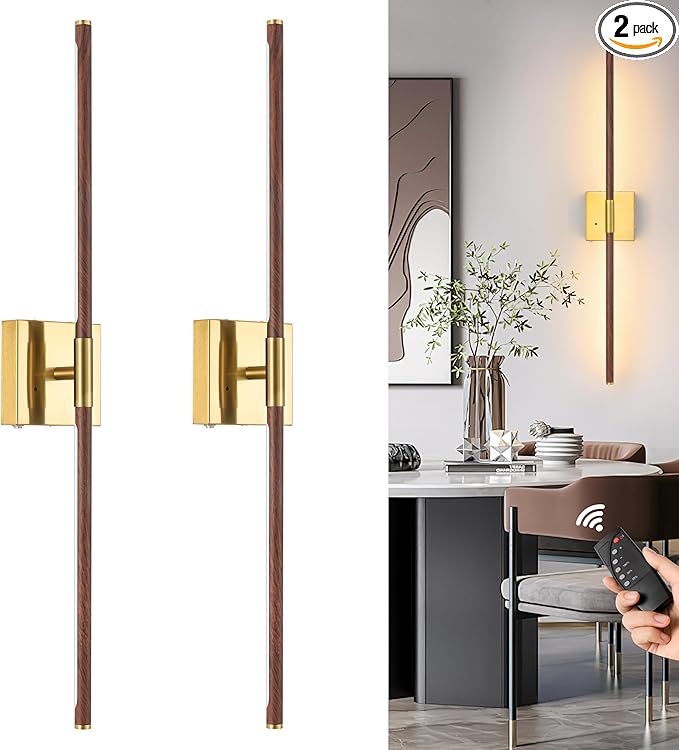 Walnut Battery Operated Wall Sconce with Remote Control, Rechargeable Wall Sconces Set of 2, LED Wireless Wall Light, 24″ Modern Sconce Wall Decor for Background Wall, Bedroom, Living Room
