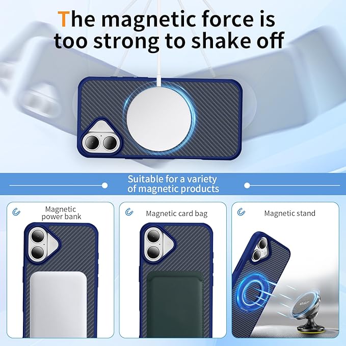 Mag-Stand Carbon Fiber Case for iPhone 17, 360° Rotate Magnetic Stand, Compatible with MagSafe, 15FT Military Protection, Slim Shockproof Magnetic Kickstand Mag Phone Case for Men Women Blue