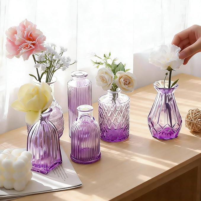 Amethyst Purple Ombré Glass Bud Vases Set of 12, Vintage Small Flower Vases for Centerpiece, Boho Wedding, Party, Baby Shower, Embossed Assorted Tiny Vase Bulk for Table, Mantel, Home Decor