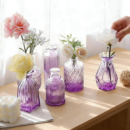 Amethyst Purple Ombré Glass Bud Vases Set of 12, Vintage Small Flower Vases for Centerpiece, Boho Wedding, Party, Baby Shower, Embossed Assorted Tiny Vase Bulk for Table, Mantel, Home Decor