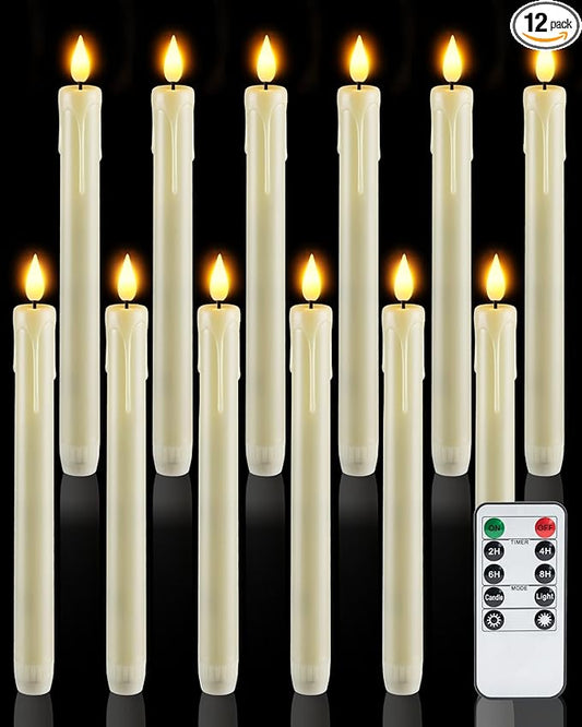Homemory 12 Pcs Plastic Flameless Taper Candles with Remote Timer Dimmer, Ivory Led Candlesticks with Flickering Flame Light, Lifelike Taper Candles Battery Operated for Indoor Decoration 9.6 Inches