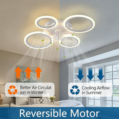 HuixuTe 26" White Geometric Circular Ceiling Fan with Lights Remote Control, 3 Colors 6 Speeds Low Profile Ceiling Fan with Light for Kitchen Bedroom