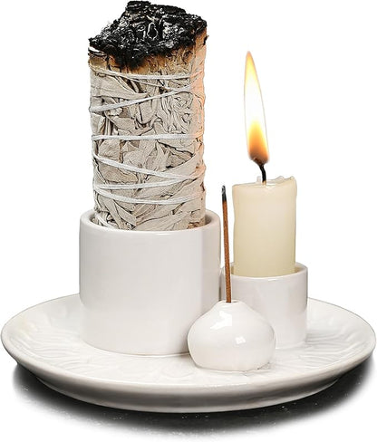 4 in 1 Multifunctional Ceramic Incense and Candle Holder with Ash Catcher Tray Suit for Burning White Sage, Palo Santo Sticks (White)