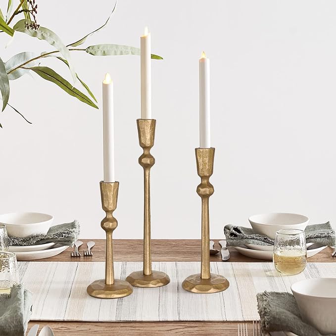 Antique Brass Iron Taper Candle Holder - Set of 3 Decorative Candle Stand, Candlestick Holder for Wedding, Dinning, Party