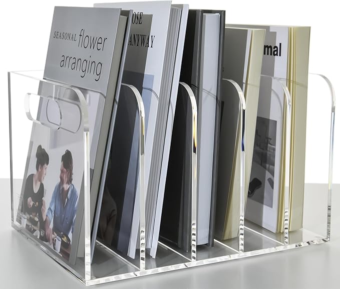Acrylic Magazine File Holder, 5 Vertical Compartments Desk Document Sorter Organizer, Clear Folder Rack Binder for Office/Documents/Classroom, for Home, Tablet, Magazines, Books & Accessories