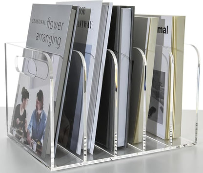 Acrylic Magazine File Holder, 5 Vertical Compartments Desk Document Sorter Organizer, Clear Folder Rack Binder for Office/Documents/Classroom, for Home, Tablet, Magazines, Books & Accessories