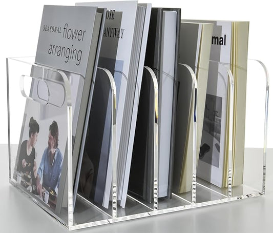 Acrylic Magazine File Holder, 5 Vertical Compartments Desk Document Sorter Organizer, Clear Folder Rack Binder for Office/Documents/Classroom, for Home, Tablet, Magazines, Books & Accessories
