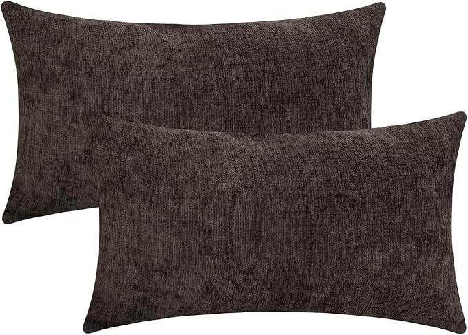 Coffee Brown Chenille Decorative Couch Lumbar Throw Pillow Covers, Soft Cushion Cases for Home Livingroom Sofa Décor, Pack of 2, 12 x 20 Inches