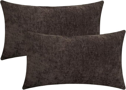 Coffee Brown Chenille Decorative Couch Lumbar Throw Pillow Covers, Soft Cushion Cases for Home Livingroom Sofa Décor, Pack of 2, 12 x 20 Inches