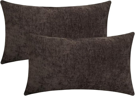 Coffee Brown Chenille Decorative Couch Lumbar Throw Pillow Covers, Soft Cushion Cases for Home Livingroom Sofa Décor, Pack of 2, 12 x 20 Inches
