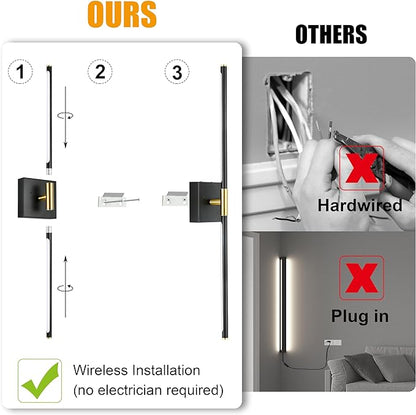 36 Inch Battery Operated Wall Sconces Set of 2, Dimmable Battery Wall Sconce with Remote Control, Black Gold LED Rechargeable Sconces, Modern Wireless Wall Lights for Bedroom, Living Room