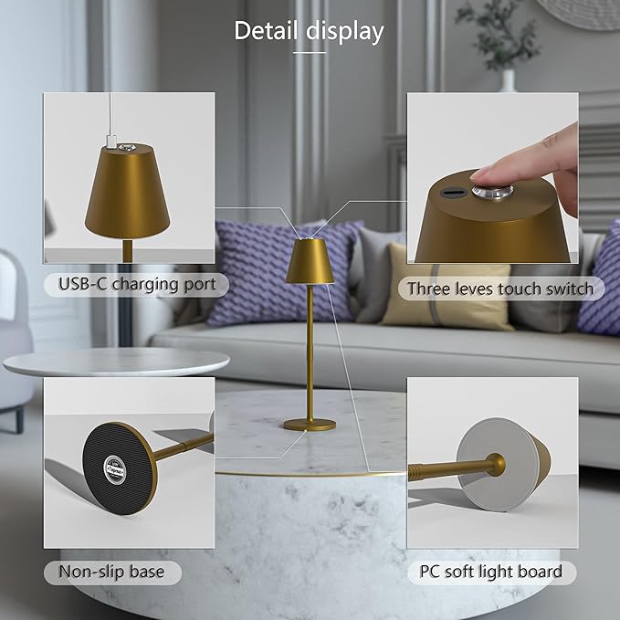 4-Pack Cordless Table Lamps - 5000mAh Rechargeable Battery Operated Desk Lamp, 3-Level Dimmable LED Night Light for Bedroom, Dining, Restaurant - Metal Design (Bronze 4PACK)