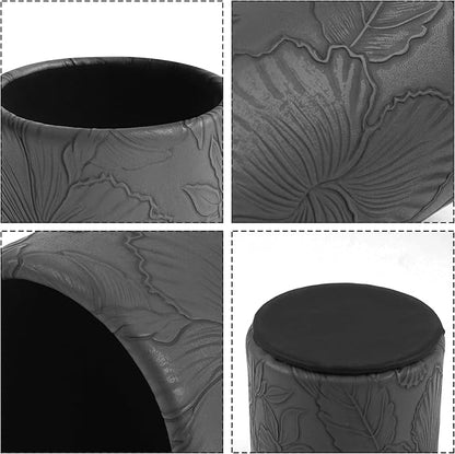 PU Leather Pen Holder Round Flash Makeup Brush Holder Desktop Pencil Storage Holder Gift for Desk Office Classroom Home(1-Carved Black)