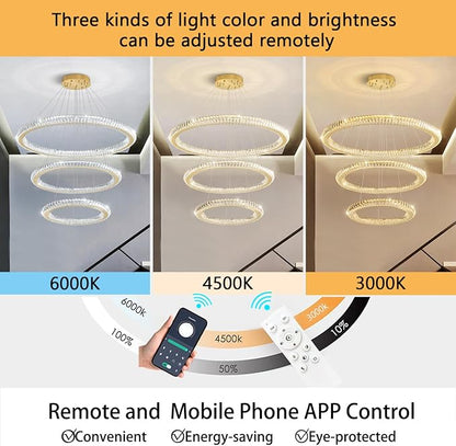 3 Rings Modern LED Chandelier Crystal Dimmable Large Foyer Chanderliers Entryway High Ceiling for Staircase Pendant Lights for Living Room Gold Light