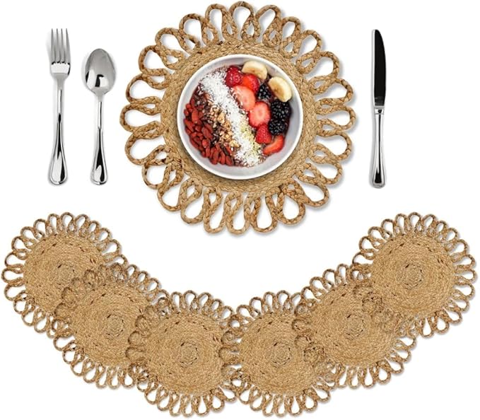 MORE Jute Hand Braided Placemats Set of 6 | 15 Inches Round Tablemats for Kitchen, Dining Table Top Rug Mats & Dinner Table Placemat Pads Mates | Rustic Natural Fiber Vintage Rugs Mat, Natural Beige