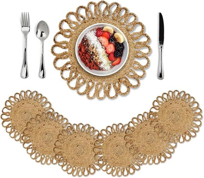 MORE Jute Hand Braided Placemats Set of 6 | 15 Inches Round Tablemats for Kitchen, Dining Table Top Rug Mats & Dinner Table Placemat Pads Mates | Rustic Natural Fiber Vintage Rugs Mat, Natural Beige