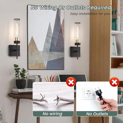 Wall Sconces,Battery Operated Wall Sconce 10400mAh Black and Gold Fast Chargin Endurance 150 Hours Infinitely Dimmable with Remote Control Wireless Wall Lights for Bedroom Living Room Hallway