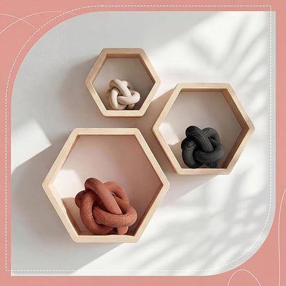 3 Pack Wooden Knot Decorations 3 Color Set Coordinated Boho Nautical Home Decor for Shelf, Wall, Tabletop, Sizes 3.94", 4.72", 5.91"(Rust)